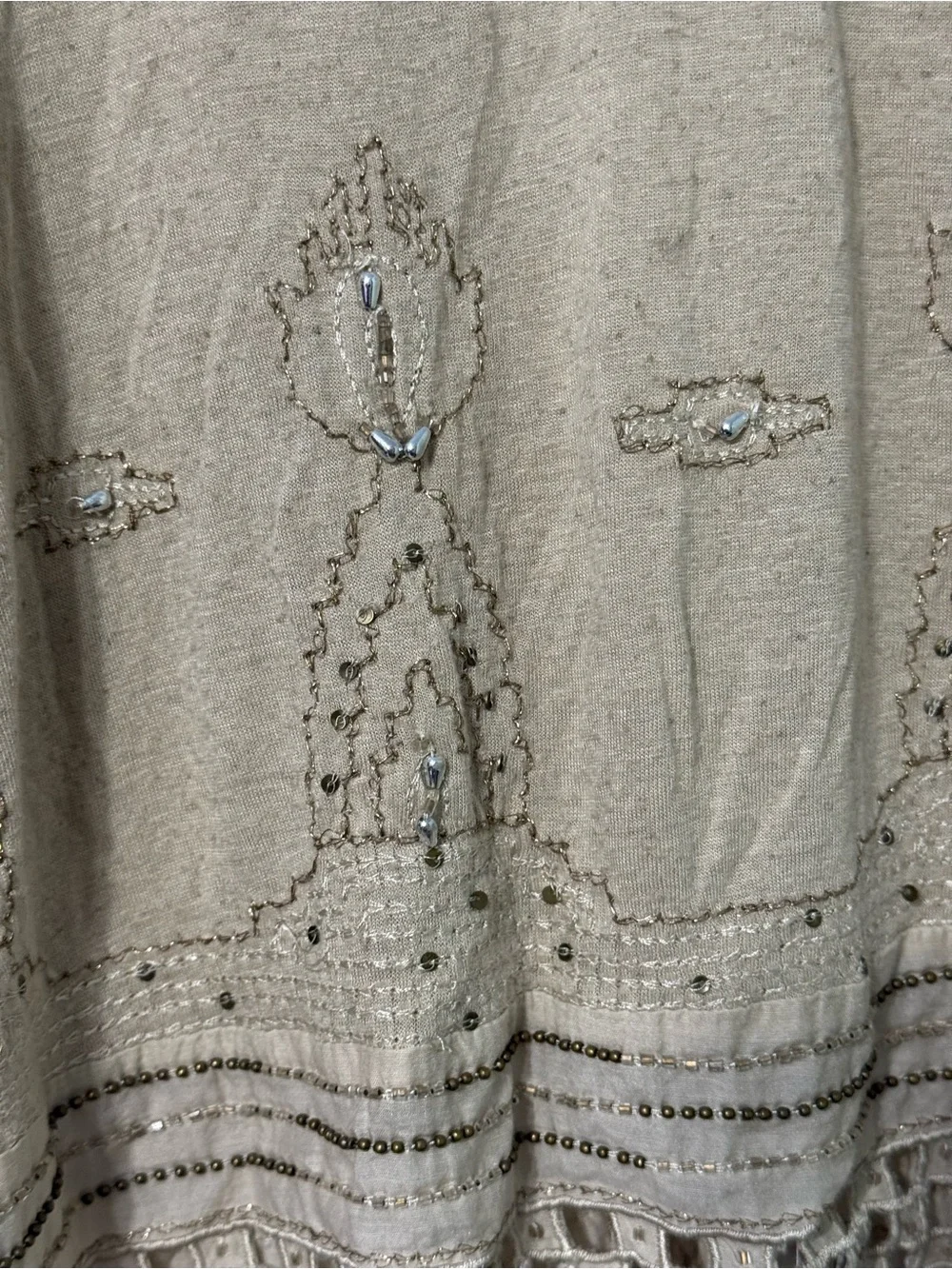 Free People Taupe Crochet-Trim Beaded Wide Long Sleeve Crop Tunic *flaw